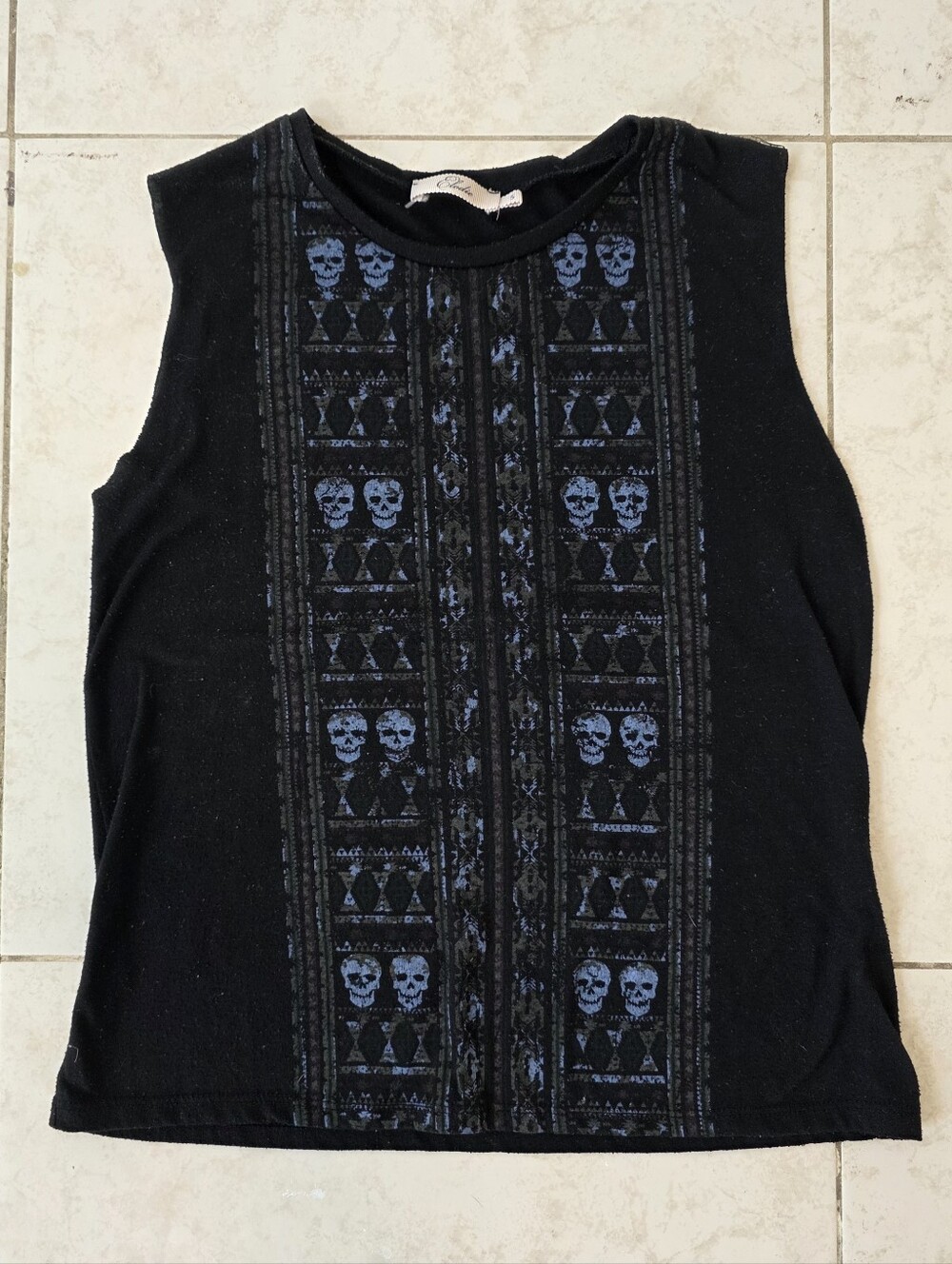 "Elodie" Black Tank Top With Blue Skeletons Size Small